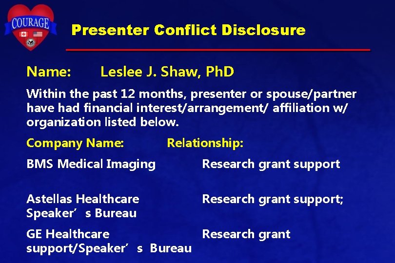 Presenter Conflict Disclosure Name: Leslee J. Shaw, Ph. D Within the past 12 months, Presenter Conflict Disclosure Name: Leslee J. Shaw, Ph. D Within the past 12 months,