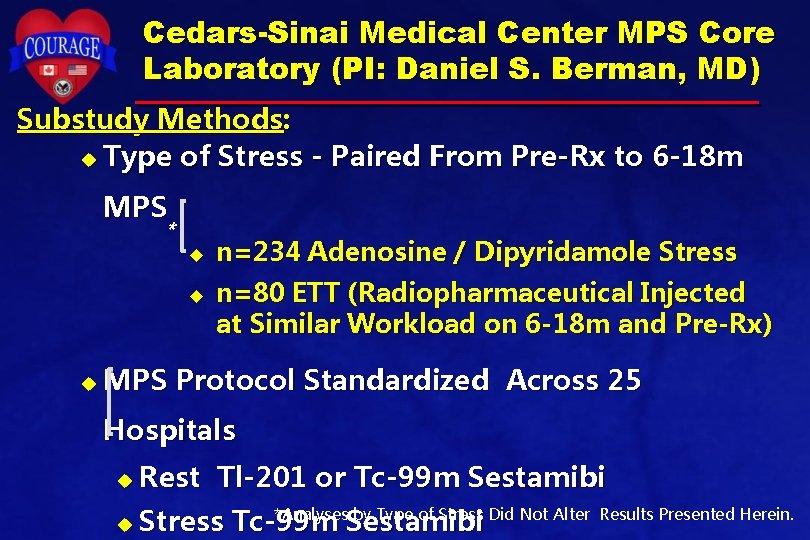 Cedars-Sinai Medical Center MPS Core Laboratory (PI: Daniel S. Berman, MD) Substudy Methods: u Cedars-Sinai Medical Center MPS Core Laboratory (PI: Daniel S. Berman, MD) Substudy Methods: u