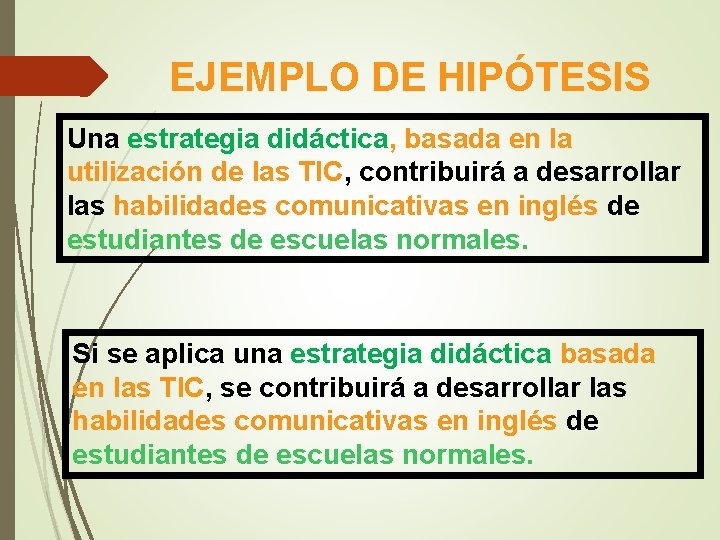 EJEMPLO DE HIPÓTESIS Una estrategia didáctica, basada en la utilización de las TIC, contribuirá