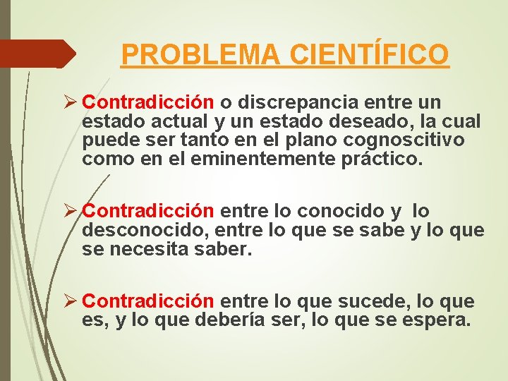 PROBLEMA CIENTÍFICO Ø Contradicción o discrepancia entre un estado actual y un estado deseado,