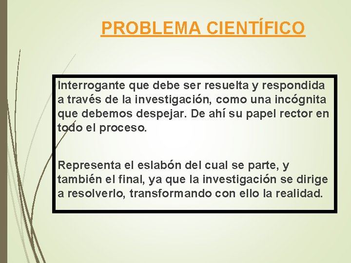 PROBLEMA CIENTÍFICO Interrogante que debe ser resuelta y respondida a través de la investigación,