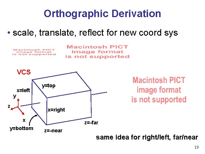 Orthographic Derivation • scale, translate, reflect for new coord sys VCS y x=left z