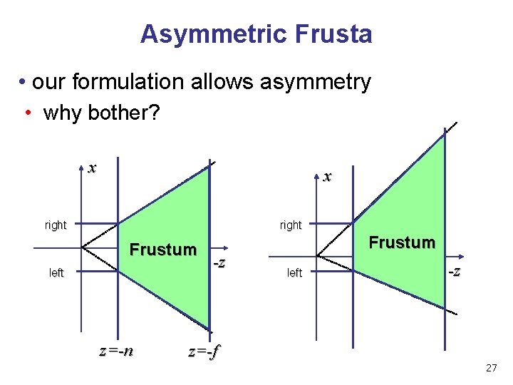 Asymmetric Frusta • our formulation allows asymmetry • why bother? x x right Frustum