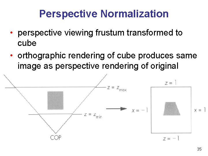 Perspective Normalization • perspective viewing frustum transformed to cube • orthographic rendering of cube