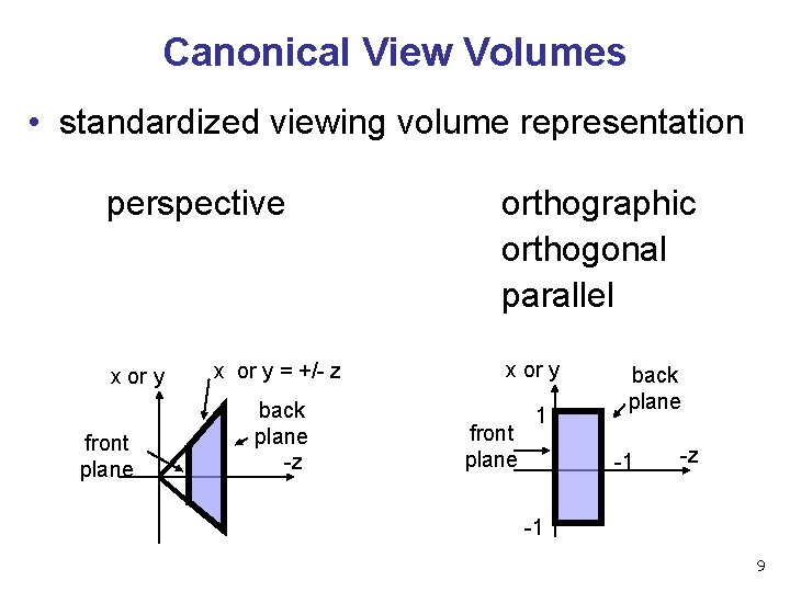 Canonical View Volumes • standardized viewing volume representation perspective x or y front plane