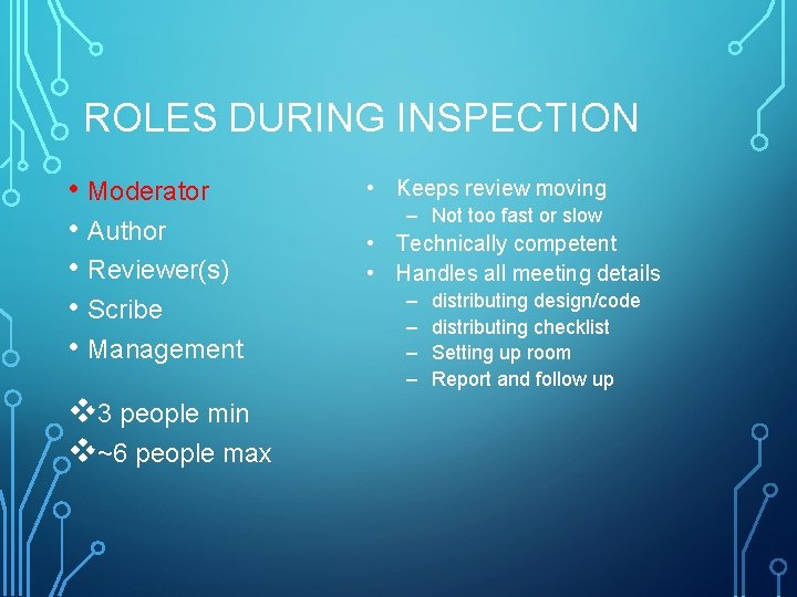 ROLES DURING INSPECTION • Moderator • Author • Reviewer(s) • Scribe • Management v