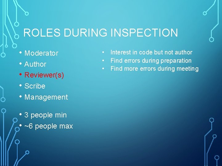 ROLES DURING INSPECTION • Moderator • Author • Reviewer(s) • Scribe • Management •