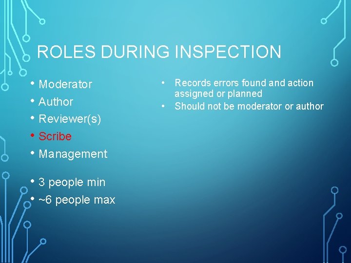 ROLES DURING INSPECTION • Moderator • Author • Reviewer(s) • Scribe • Management •
