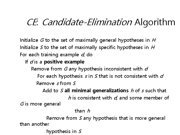 CE: Candidate-Elimination Algorithm Initialize G to the set of maximally general hypotheses in H