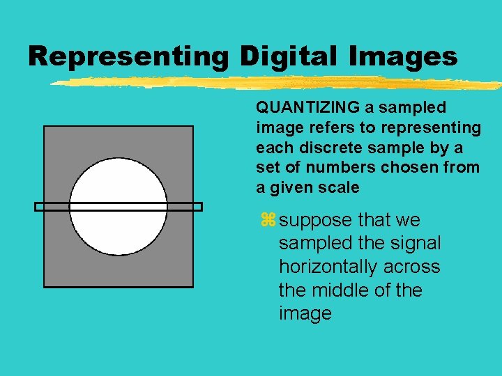 Representing Digital Images QUANTIZING a sampled image refers to representing each discrete sample by