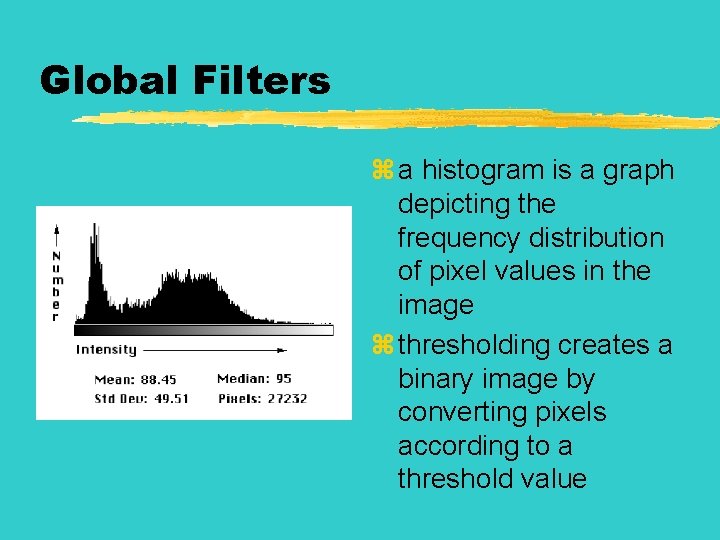 Global Filters z a histogram is a graph depicting the frequency distribution of pixel