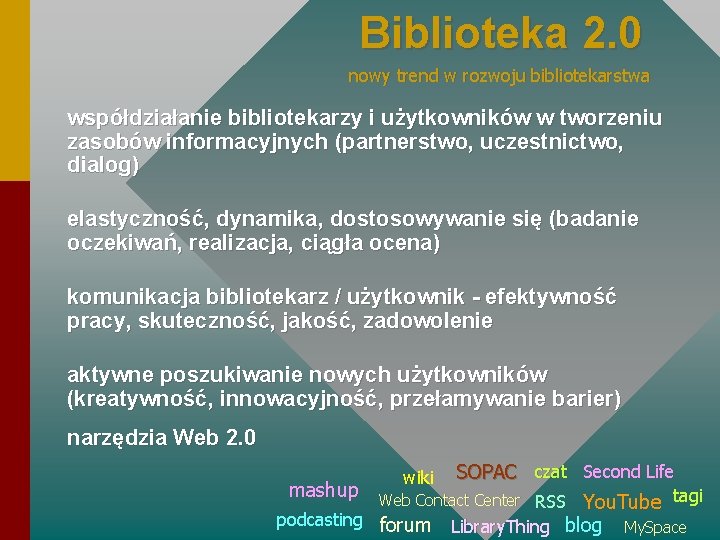 Biblioteka 2. 0 nowy trend w rozwoju bibliotekarstwa współdziałanie bibliotekarzy i użytkowników w tworzeniu