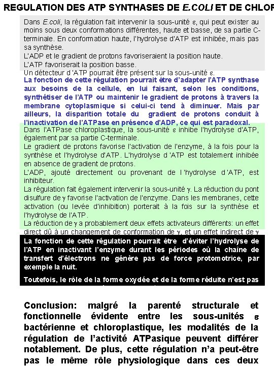 REGULATION DES ATP SYNTHASES DE E. COLI ET DE CHLOR Dans E. coli, la