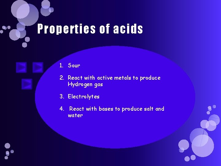 Properties of acids 1. Sour 2. React with active metals to produce Hydrogen gas