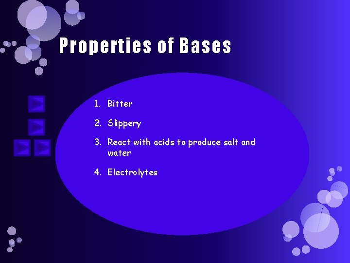 Properties of Bases 1. Bitter 2. Slippery 3. React with acids to produce salt
