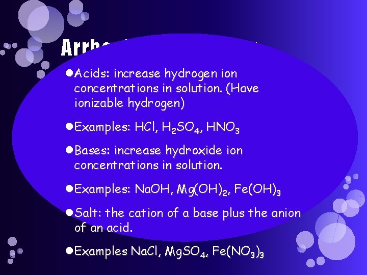 Arrhenius Definitions Acids: increase hydrogen ion concentrations in solution. (Have ionizable hydrogen) Examples: HCl,