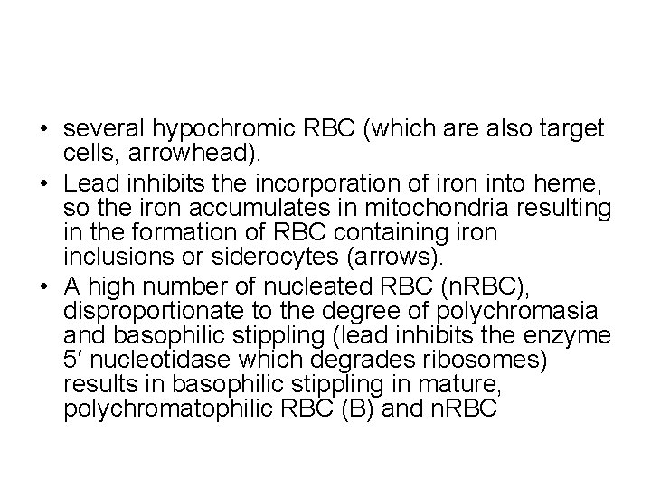  • several hypochromic RBC (which are also target cells, arrowhead). • Lead inhibits