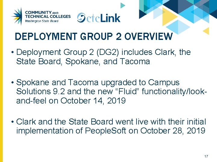 DEPLOYMENT GROUP 2 OVERVIEW • Deployment Group 2 (DG 2) includes Clark, the State