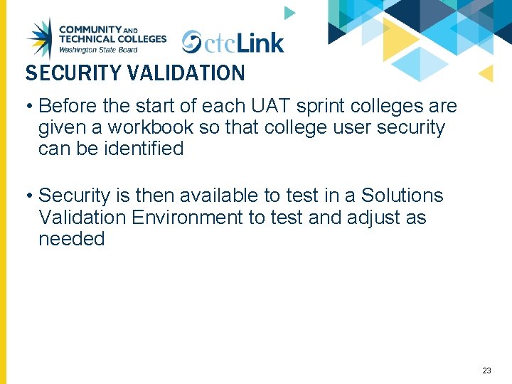 SECURITY VALIDATION • Before the start of each UAT sprint colleges are given a