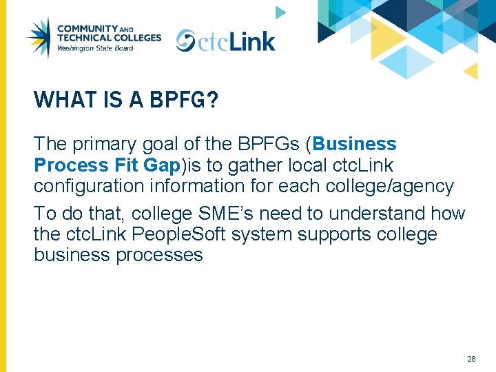 WHAT IS A BPFG? The primary goal of the BPFGs (Business Process Fit Gap)is