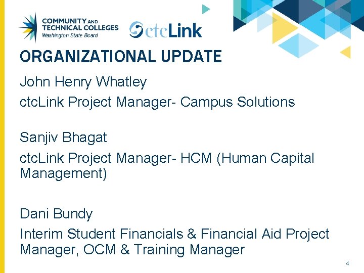 ORGANIZATIONAL UPDATE John Henry Whatley ctc. Link Project Manager- Campus Solutions Sanjiv Bhagat ctc.