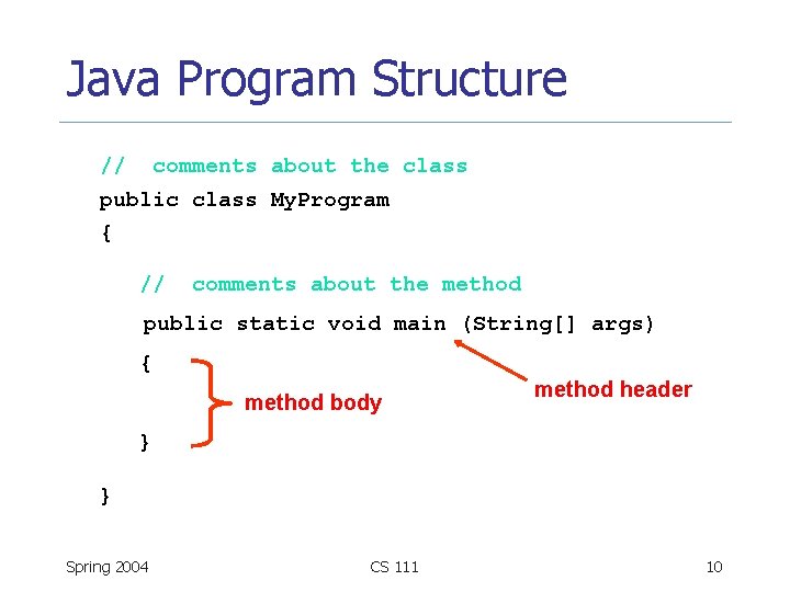 Java Program Structure // comments about the class public class My. Program { //