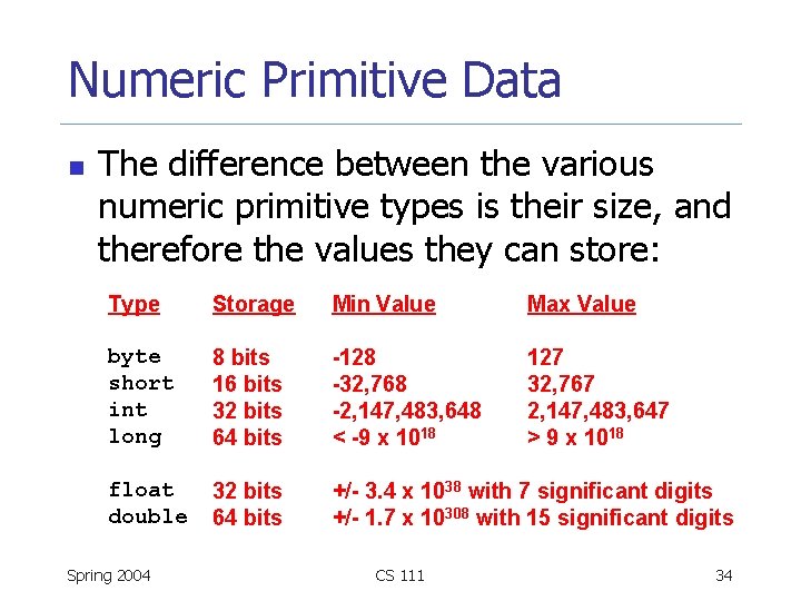 Numeric Primitive Data n The difference between the various numeric primitive types is their
