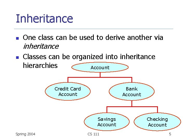 Inheritance n One class can be used to derive another via inheritance n Classes
