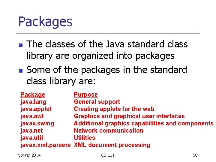 Packages n n The classes of the Java standard class library are organized into