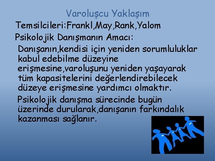 Varoluşcu Yaklaşım Temsilcileri: Frankl, May, Rank, Yalom Psikolojik Danışmanın Amacı: Danışanın, kendisi için yeniden