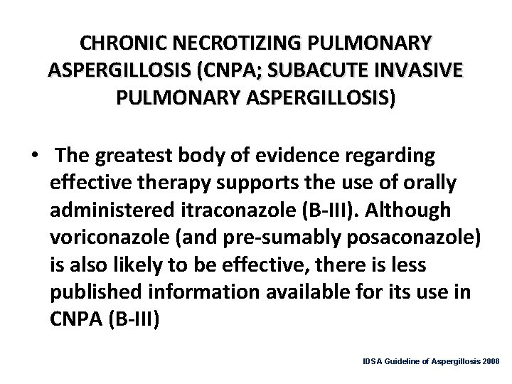 CHRONIC NECROTIZING PULMONARY ASPERGILLOSIS (CNPA; SUBACUTE INVASIVE PULMONARY ASPERGILLOSIS) • The greatest body of