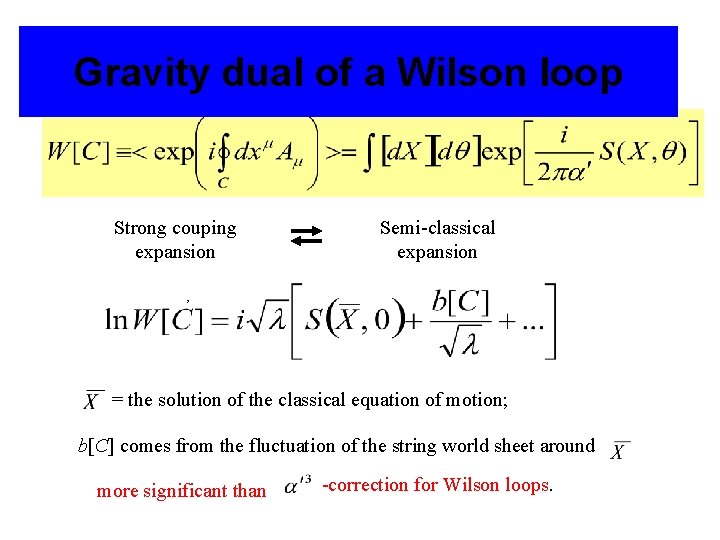 Gravity dual of a Wilson loop Strong couping expansion Semi-classical expansion , = the