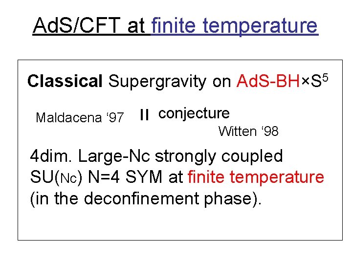 Ad. S/CFT at finite temperature Classical Supergravity on Ad. S-BH×S 5 = Maldacena ‘