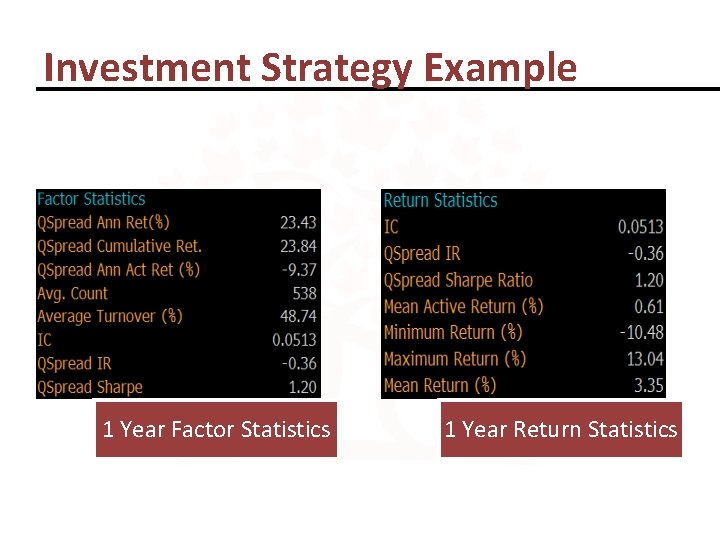 Investment Strategy Example 1 Year Factor Statistics 1 Year Return Statistics 