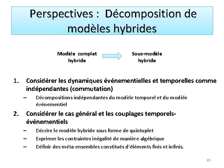 Perspectives : Décomposition de modèles hybrides Modèle complet hybride Sous-modèle hybride 1. Considérer les