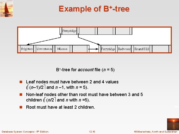 Example of B+-tree for account file (n = 5) n Leaf nodes must have Example of B+-tree for account file (n = 5) n Leaf nodes must have