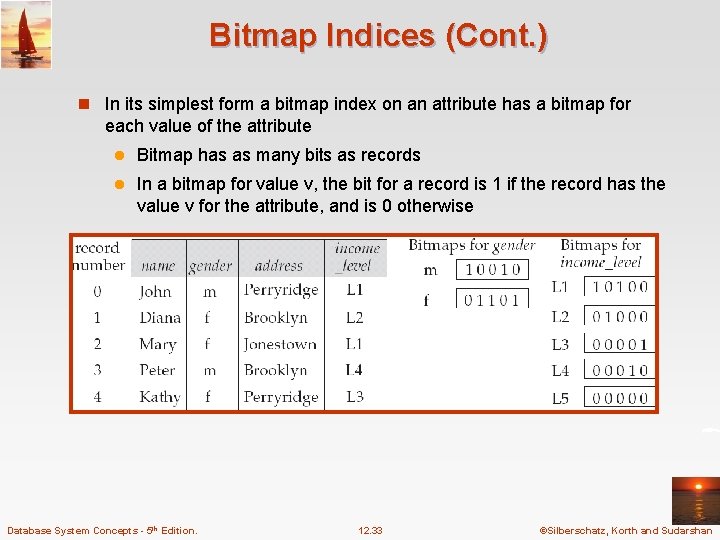 Bitmap Indices (Cont. ) n In its simplest form a bitmap index on an Bitmap Indices (Cont. ) n In its simplest form a bitmap index on an