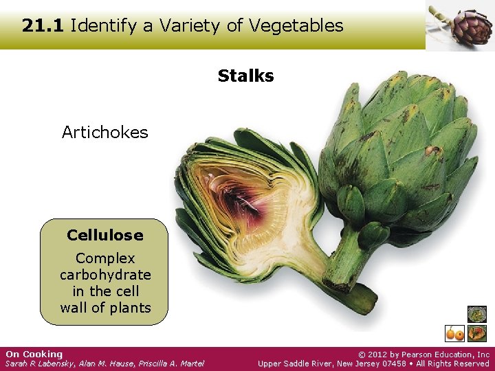 21. 1 Identify a Variety of Vegetables Stalks Artichokes Cellulose Complex carbohydrate in the