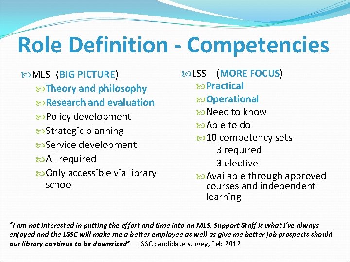 Role Definition - Competencies MLS (BIG PICTURE) Theory and philosophy Research and evaluation Policy