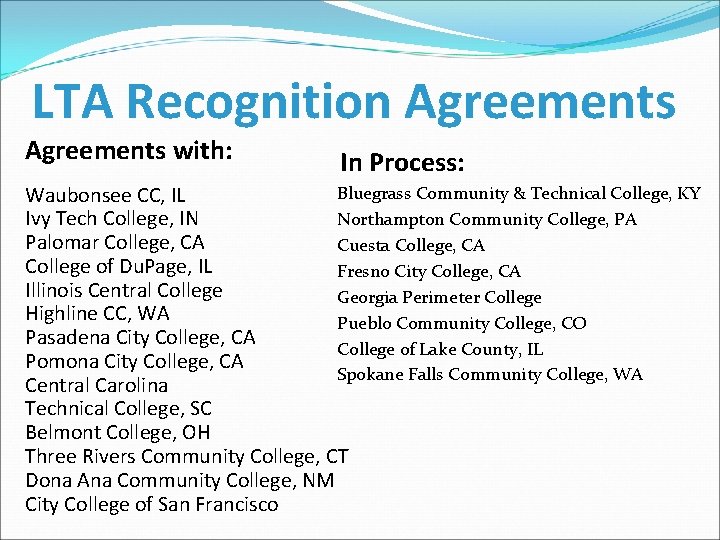 LTA Recognition Agreements with: In Process: Bluegrass Community & Technical College, KY Waubonsee CC,