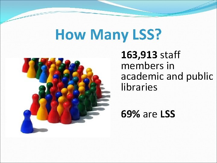 How Many LSS? 163, 913 staff members in academic and public libraries 69% are