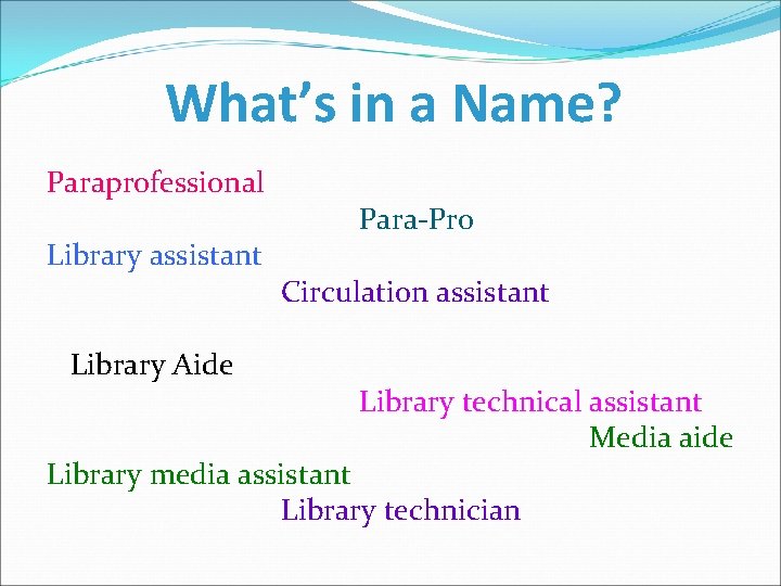 What’s in a Name? Paraprofessional Library assistant Library Aide Para-Pro Circulation assistant Library technical