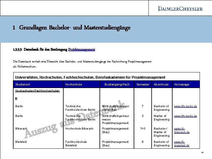 1 Grundlagen Bachelor- und Masterstudiengänge 1. 3. 3. 3 Datenbank für den Studiengang Projektmanagement