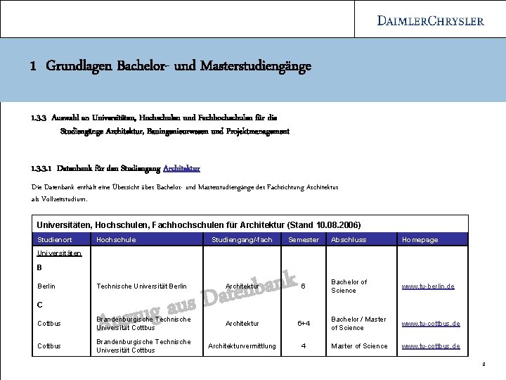 1 Grundlagen Bachelor- und Masterstudiengänge 1. 3. 3 Auswahl an Universitäten, Hochschulen und Fachhochschulen