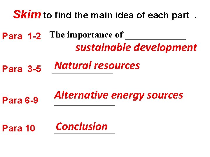 Skim to find the main idea of each part Para 1 -2 The importance