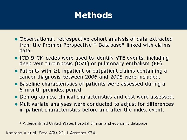 Methods l l l Observational, retrospective cohort analysis of data extracted from the Premier