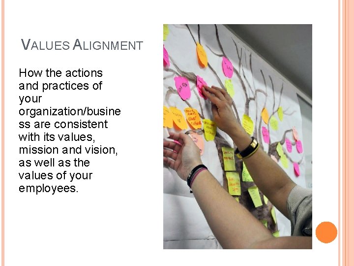 VALUES ALIGNMENT How the actions and practices of your organization/busine ss are consistent with