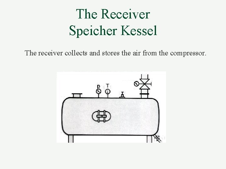 The Receiver Speicher Kessel The receiver collects and stores the air from the compressor.