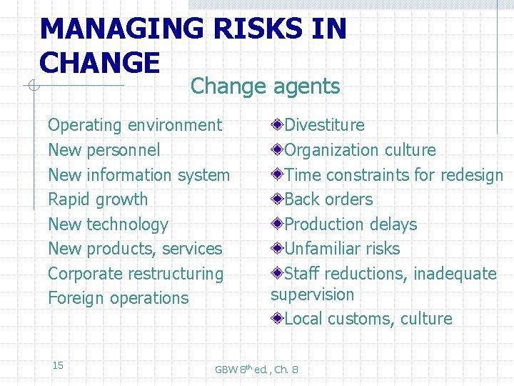 MANAGING RISKS IN CHANGE Change agents Operating environment New personnel New information system Rapid