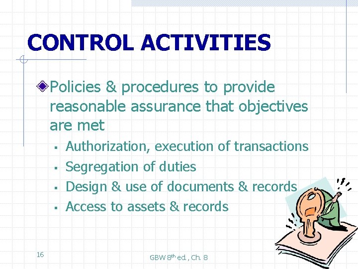 CONTROL ACTIVITIES Policies & procedures to provide reasonable assurance that objectives are met §